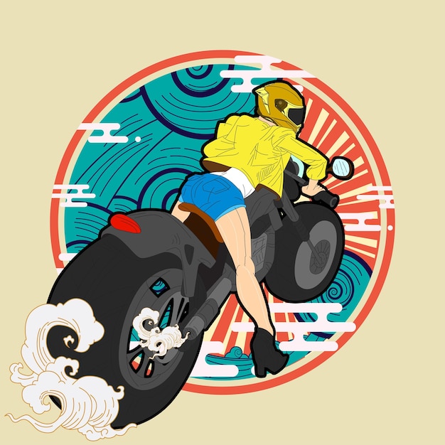 bikerillustratie met Japanse stijl voor kaijune-evenement, notebook, logo