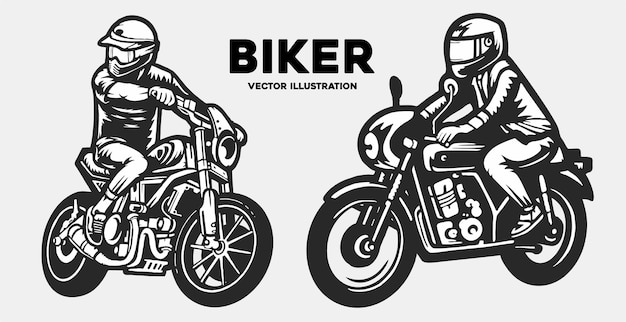 Logo di motociclisti con posa completa, moto d'epoca, illustrazione piatta vettoriale