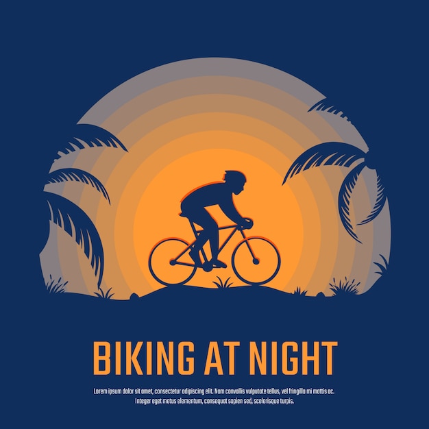 Вектор Езда на велосипеде ночью силуэт плакат, фон, баннер