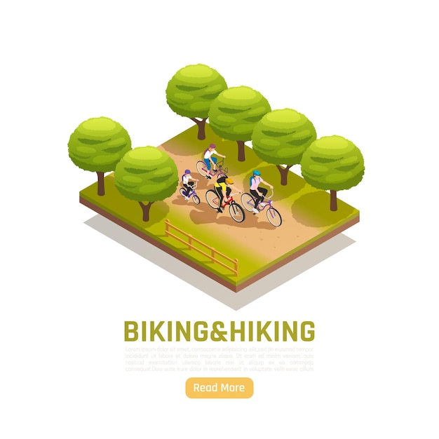 Vettore composizione isometrica in bicicletta ed escursionismo con la famiglia in bicicletta nel parco cittadino