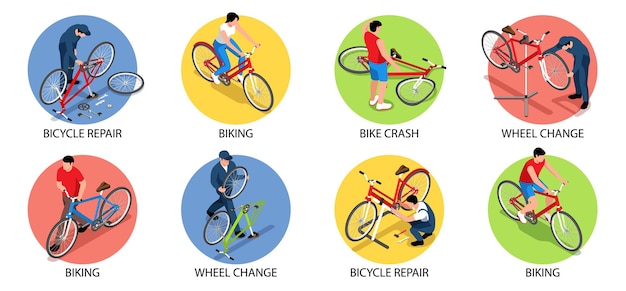 Vector biking isometric set of bike crash bicycle repair wheel change compositions isolated illustration