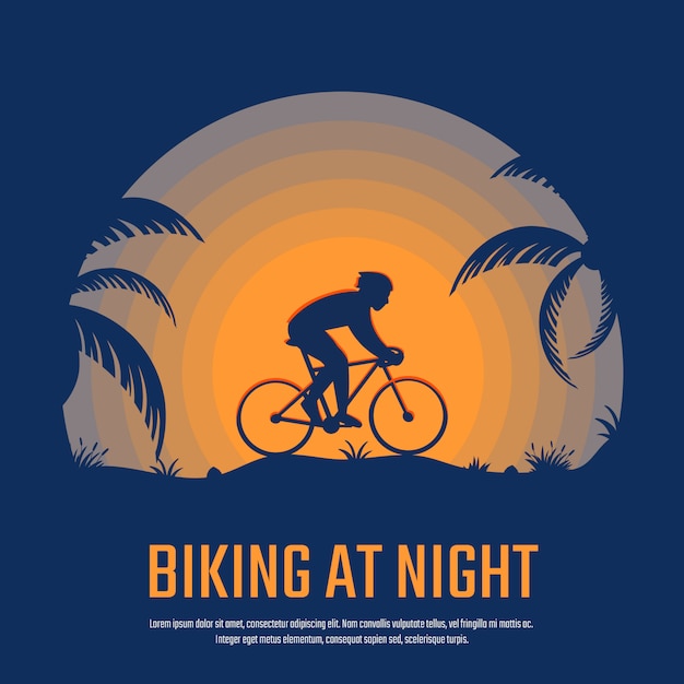 Vector biking at night silhouette poster, background, banner