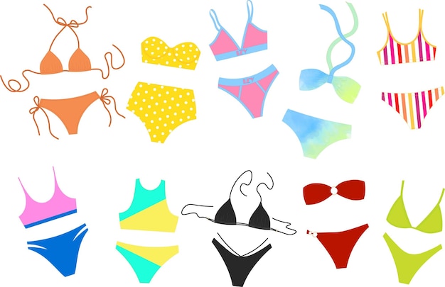 Bikini set kleur platte vector Kleurrijke badkleding voor de zomer Zomertijd Zomervakantie