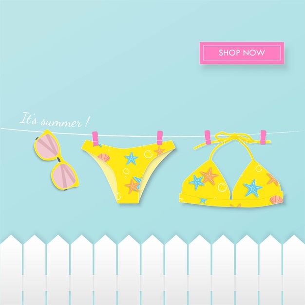 Bikini summer paper art background.