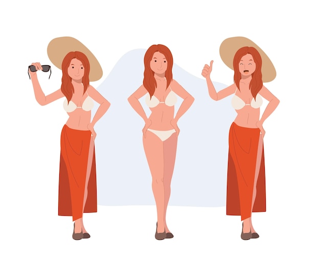 La donna in bikini pone l'illustrazione vettoriale dei costumi da bagno della spiaggia illustrazione del personaggio dei cartoni animati di vettore piatto