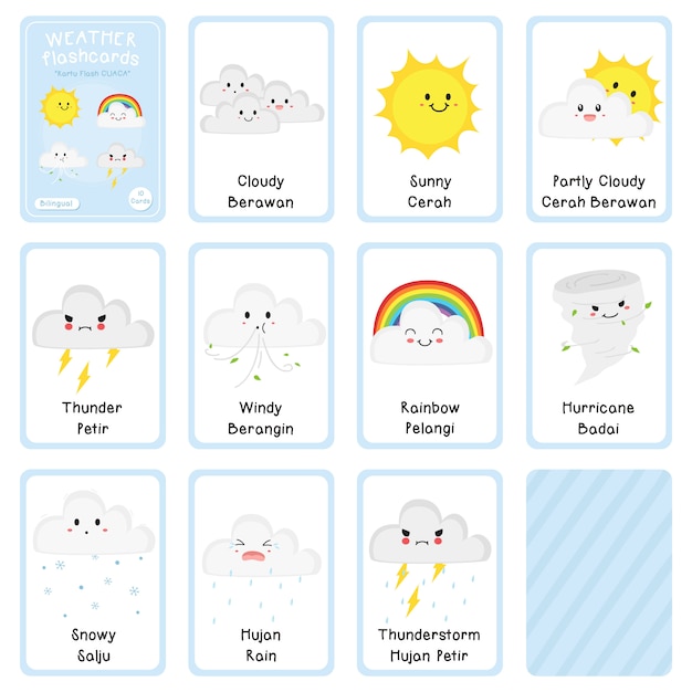 Vector bilingual weather flashcards vector design