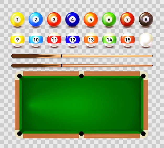 Biljardeballen en keu op een groene biljarttafel
