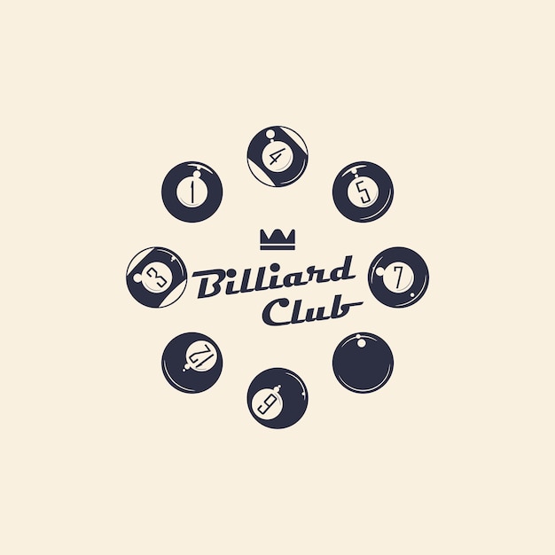 Biljart 8ball logo set 6 biljartemblemen met speelballen kroon en banner iconen Hipster Design