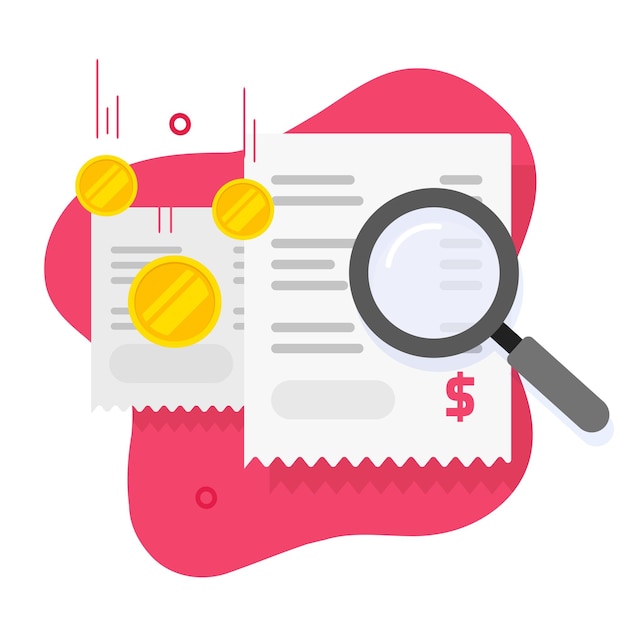 Vector bill receipt money finance analysis via magnifying glass icon flat cartoon graphic illustration cost