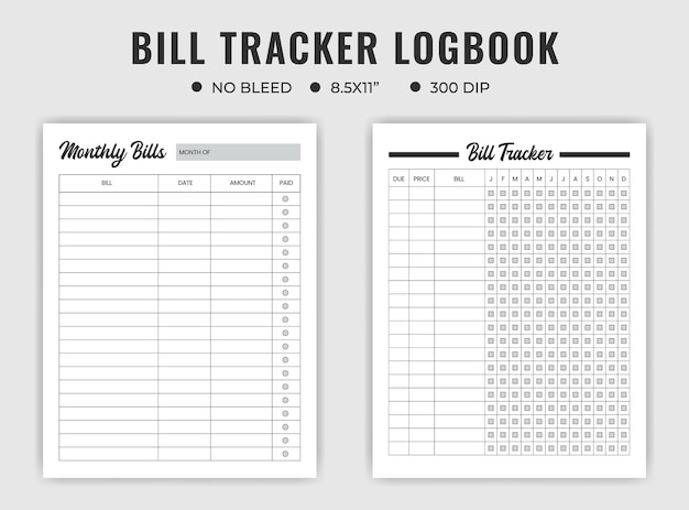 Bill tracker logbook planner or notebook template