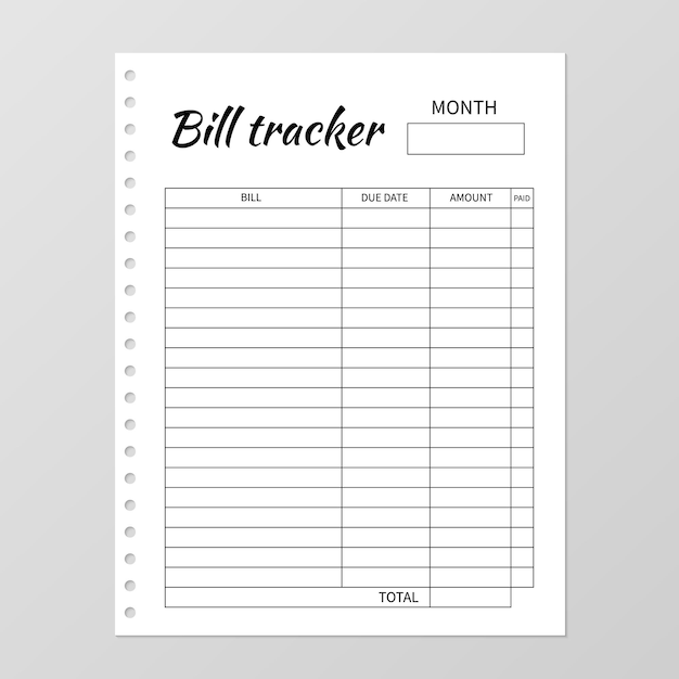 Bill tracker sjabloon Maandelijkse planner Lege witte notebookpagina geïsoleerd op grijs Organisatorpagina Vel papier Briefpapier voor budgetplanning Vectorillustratie