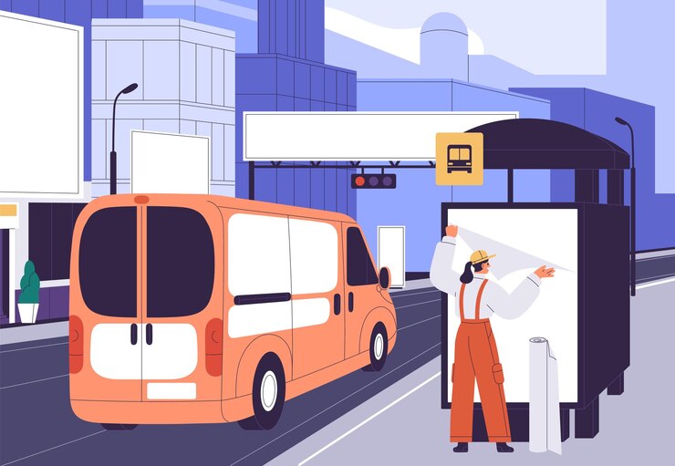 Vector billboard advertising installation at city bus stop worker installing pasting blank advertisement poster attaching vertical promotion banner on street commercial board flat vector illustration