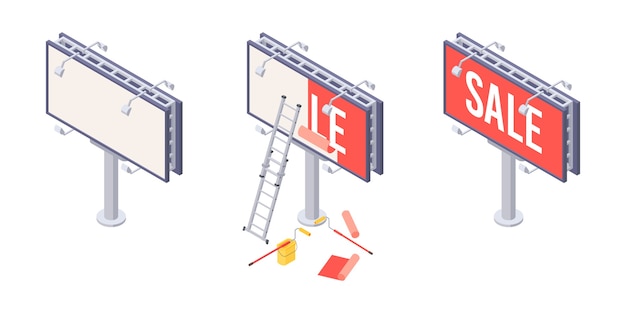 Billboard installation isometric  with various stages of sticking advertising on big city. isometric billboard with ladder, bucket and roller for installation of outdoor ad.