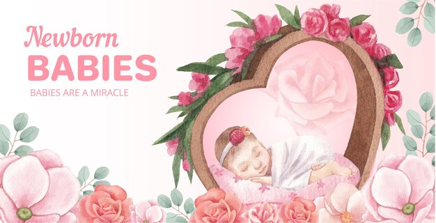 Billboard sjabloon met pasgeboren baby concept, aquarel stijl