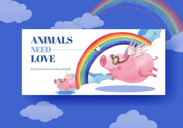 Шаблон рекламного щита с акварельной иллюстрацией концепции счастливых животных