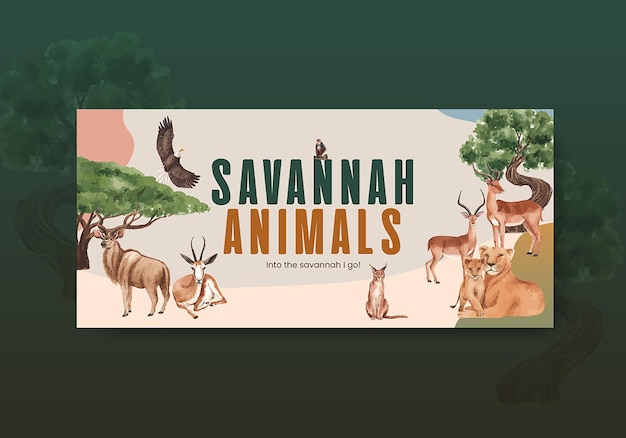 Modello del tabellone per le affissioni con l'illustrazione dell'acquerello di concetto della fauna selvatica della savana