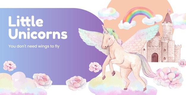 Billboard template with unicorn in watercolor style