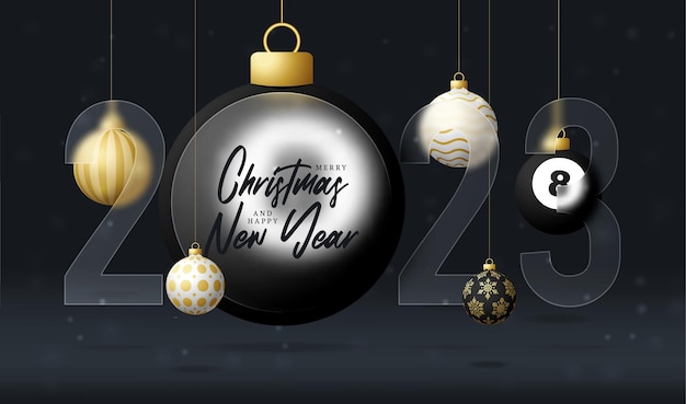 Бильярд 2023 новогодняя распродажа баннер или поздравительная открытка с новым годом и веселым рождеством спортивный баннер с эффектом размытия стекломорфизма или стекломорфизма реалистичная векторная иллюстрация