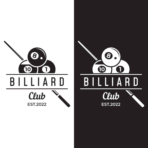 ベクトル ビリヤードとキュー スティックの創造的なロゴのテンプレート デザイン スポーツ ゲーム ビリヤード クラブ トーナメントとチャンピオンシップのロゴ