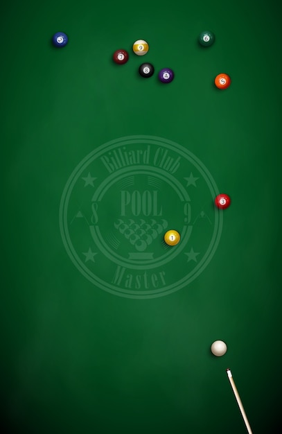 Vector billiard balls and cue on green cloth