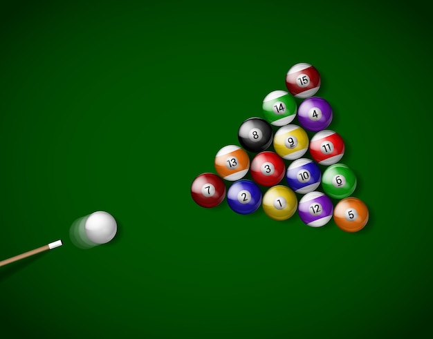 Billiard balls on green cloth, billiard green table. Vector illustration billiards isolated. Balls for Snooker pool. Billiard Balls.