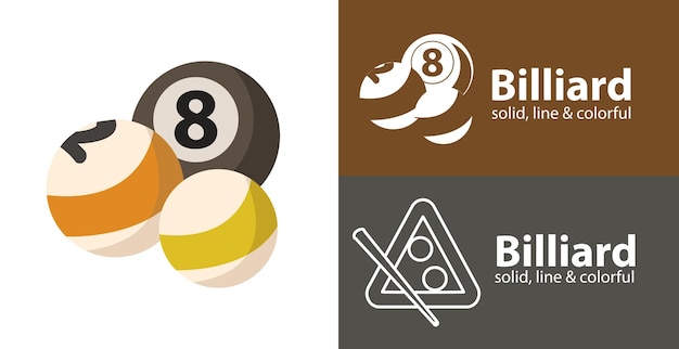 Billiard balls isolated vector flat icon with sport solid line icons