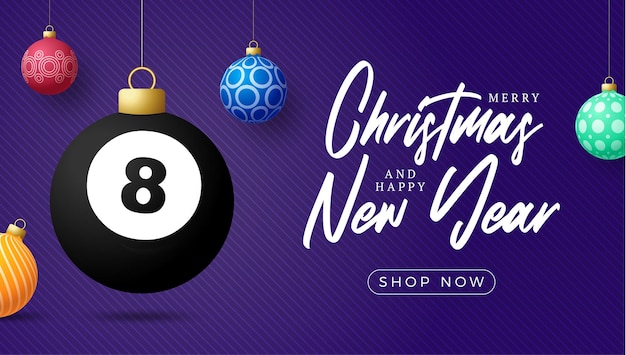 Billiard christmas card. merry christmas sport greeting card. hang on a thread billiard ball as a xmas ball and colorful bauble on purple horizontal background. sport vector illustration.