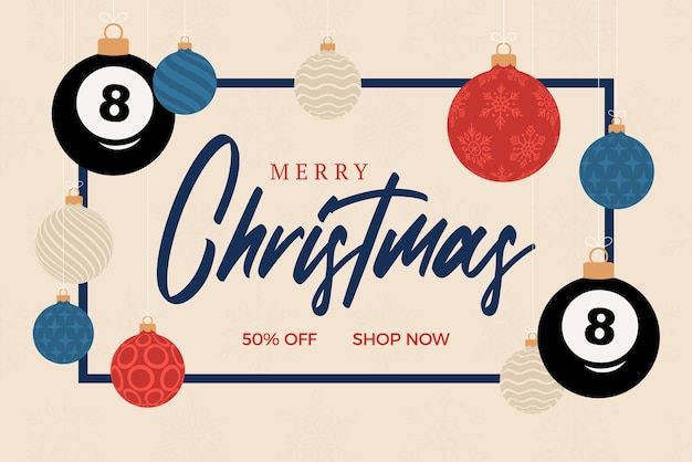 Billiard christmas greeting card. Merry Christmas and Happy New Year flat cartoon Sports banner. billiard ball as a xmas ball on background. Vector illustration.