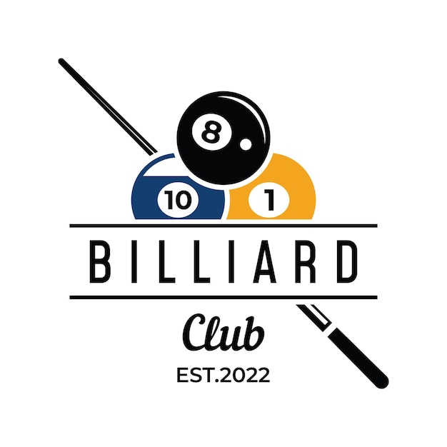 Biliardo e cue stick design creativo del modello del logo logo del torneo e del campionato del club di biliardo del gioco sportivo