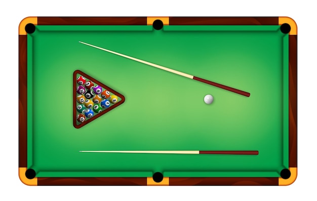 Billiard green table top view with balls and cue sticks Realistic american pool game felt field for gamble sport tournament vector concept