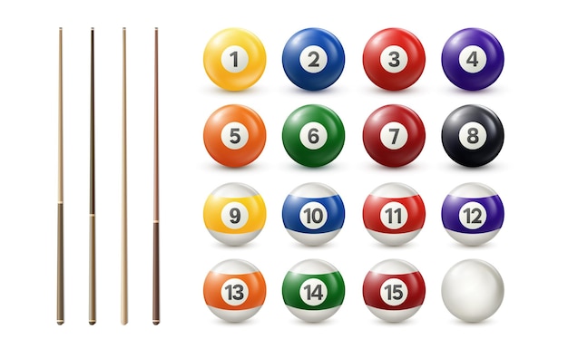 Billiard pool balls with numbers and cues collection Realistic snooker or lottery balls illustration