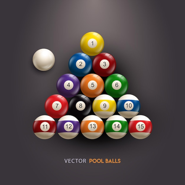 Vector billiard pool balls with numbers in triangle start position realistic glossy snooker ball on black