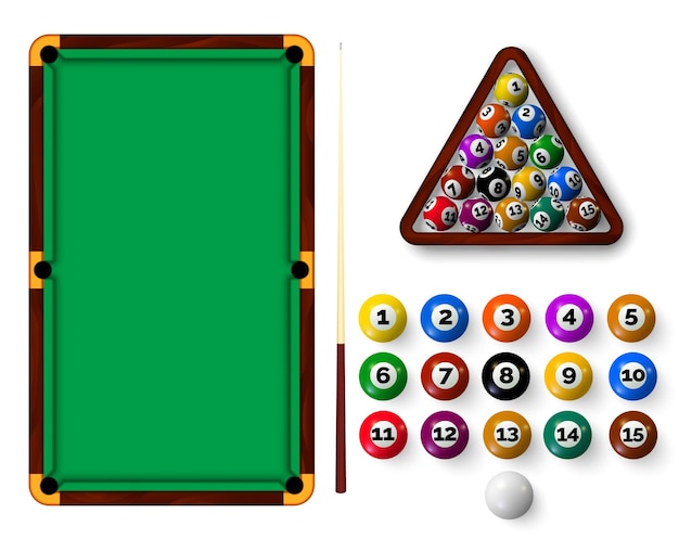 Vector billiard table with pockets balls triangle rack and cue realistic snooker sport equipment green pool table top view and ball vector set