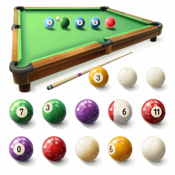Billiardballen met nummers en verschillende aanwijzingen.
