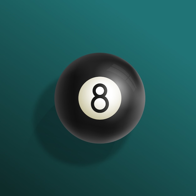 Vector billiards eight ball realistic illustration with green pool table cloth, black sphere and soft shadows.