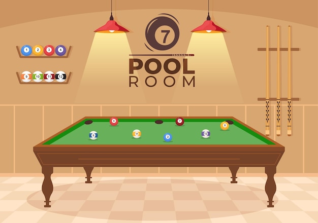 Billiards game hand drawn cartoon flat background illustration with pool room in sports club