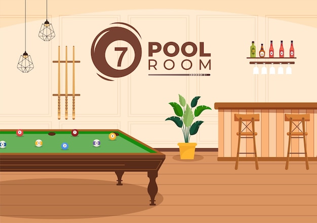 Billiards Game Hand Drawn Cartoon Flat Background Illustration with Pool Room in Sports Club