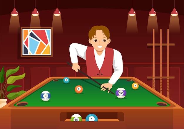 Vector billiards game illustration with player pool room with stick and billiard balls in sports club