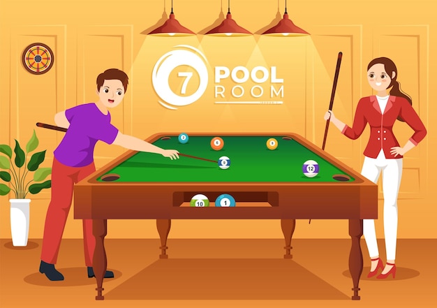 Vector billiards game illustration with player pool room with stick and billiard balls in sports club