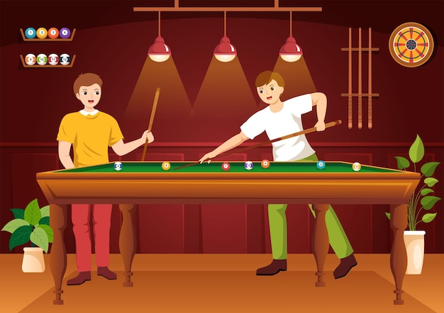 Vector billiards game illustration with player pool room with stick and billiard balls in sports club