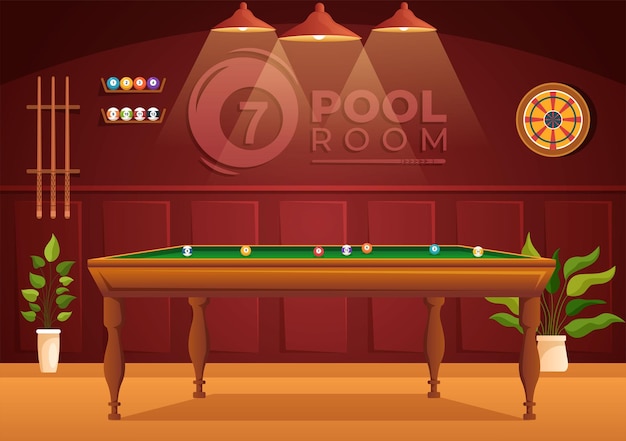 Billiards game illustration with player pool room with stick and billiard balls in sports club