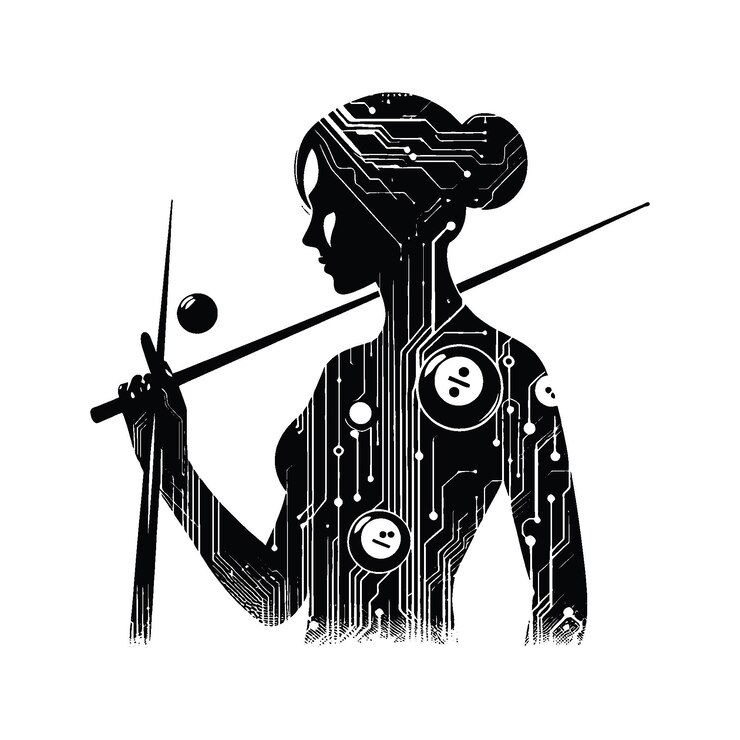 Vector billiards snooker female player in cyberpunk pattern illustration emblem shield badge