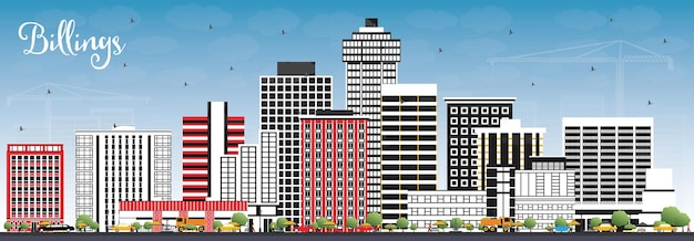色の建物と青い空とビリングスモンタナシティのスカイライン。ベクトルイラスト。近代建築とビジネス旅行と観光の概念。ランドマークのあるビリングスUSAの街並み。