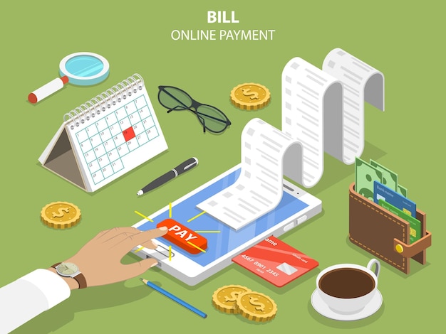 Bills online payment flat isometric concept