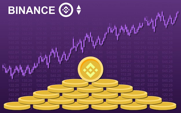 Vettore binance coin criptovaluta con grafico a candela di crescita sopra la pila di monete binance d'oro