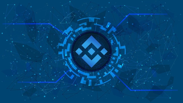 binance coin token symbol, bnb coin icon, in a digital circle with a cryptocurrency theme on a blue background. digital gold in futuristic style for website or banner. copy space. vector eps10.