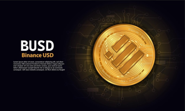 Binance usd BUSDТехнологический фон с логотипом CircuitBUSD черный с золотой печатной платойКонцепция криптовалюты