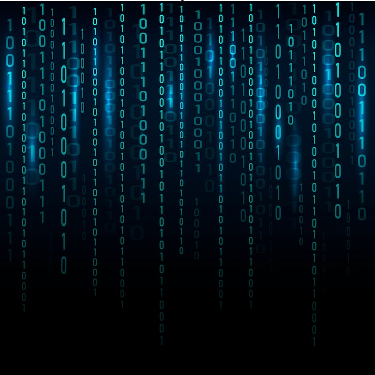 Vector binary code bytes fall from the top vector pattern of randomly moving particles data exchange