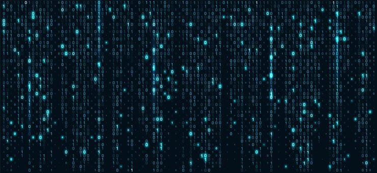 Vector binary code matrix on blue cyber background with abstract data streams and glowing lines technology concept with computer numbers in digital network pattern for futuristic programming visualization
