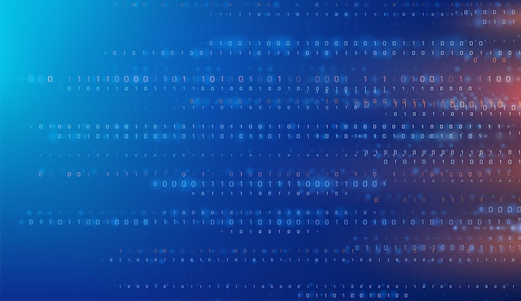 Vector binary code patterns form an abstract backdrop visualizing digital data and computational flow